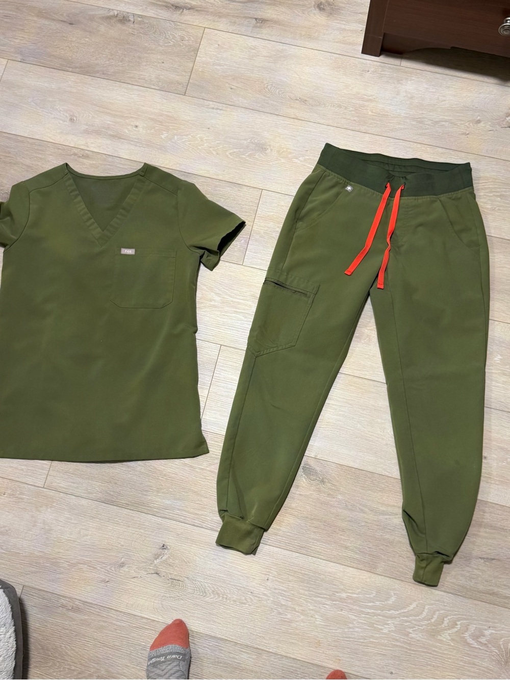 Figs Olive Green Cargo Jogger Scrub Pants with Red Drawstring - Women's